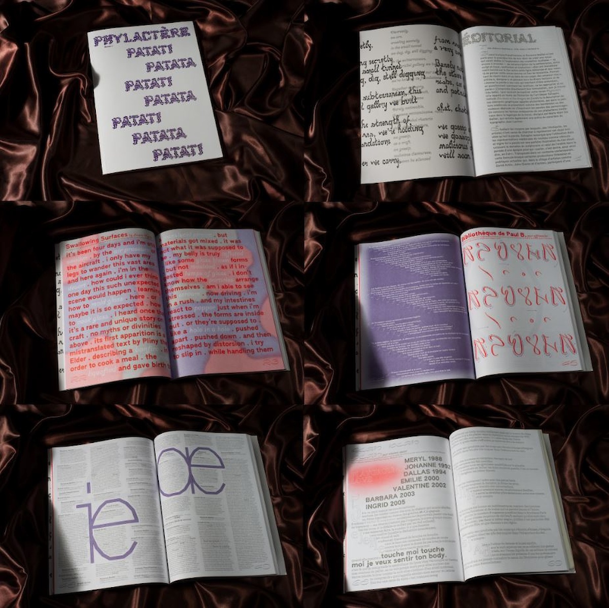 6 livres ouverts montrant des pages de texte et des pages colorées