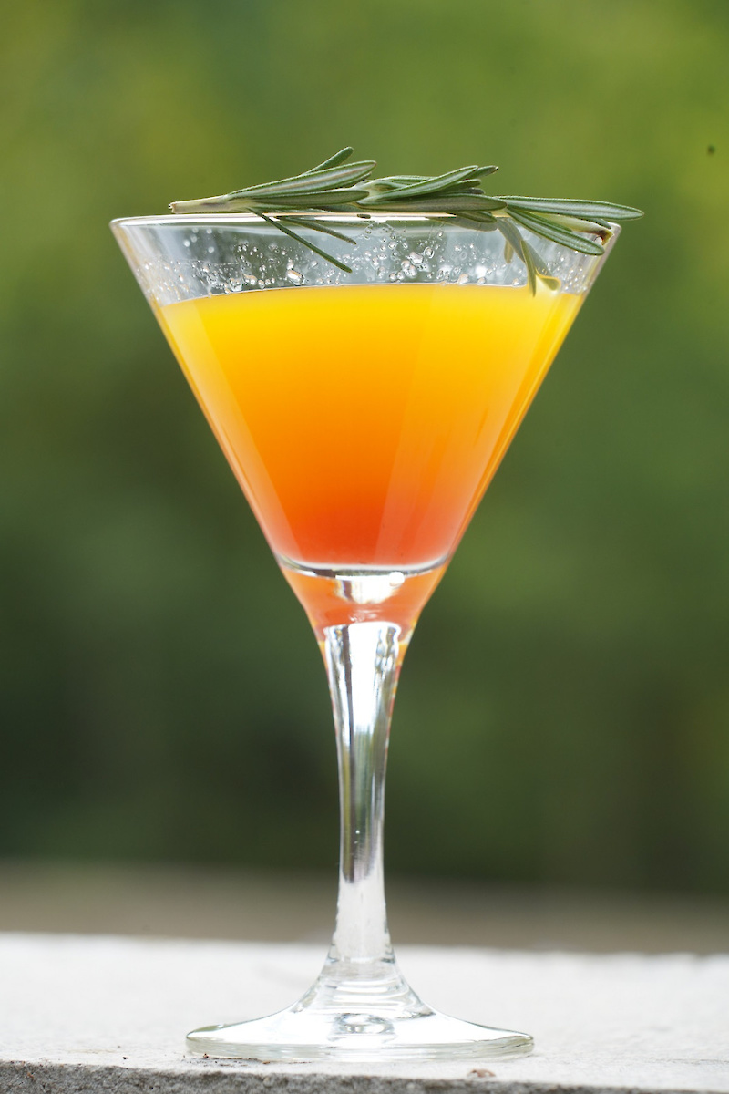 Un verre de boisson orangée surmonté de feuilles de romarin