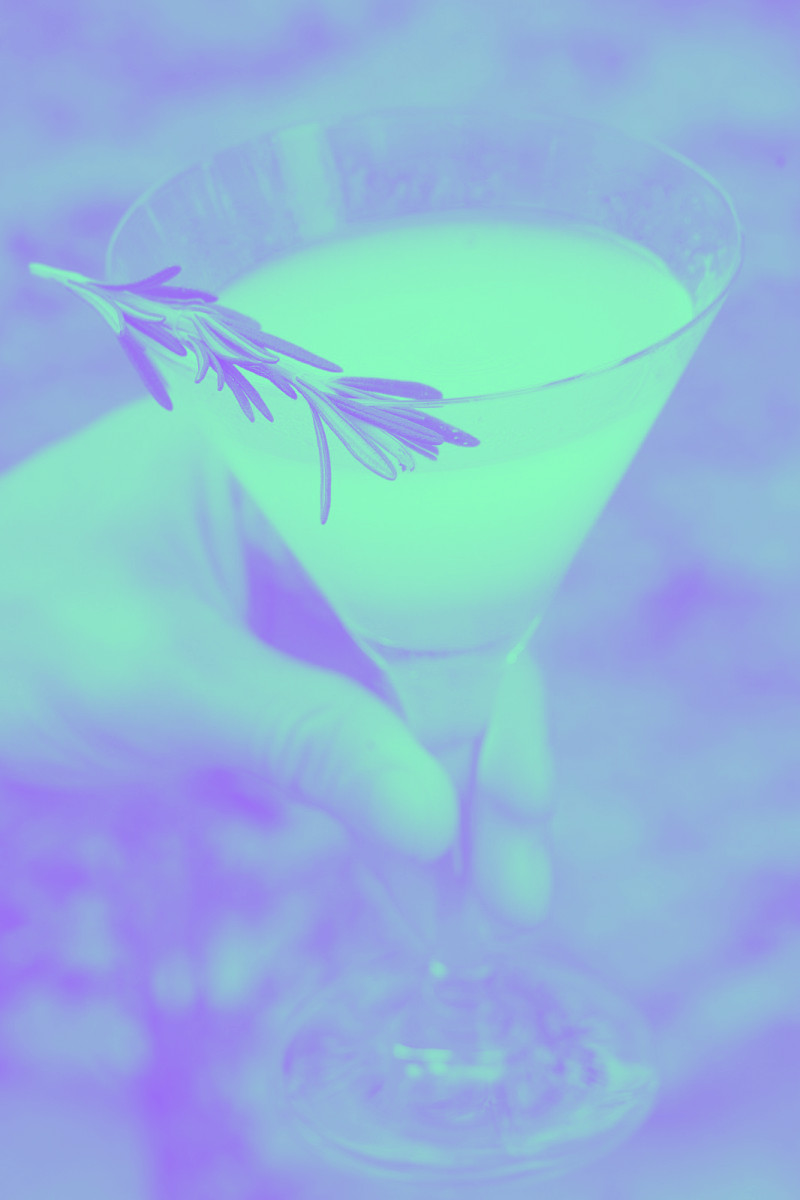 Un main prend un verre de boisson orangée surmontée d'une branche de romarin